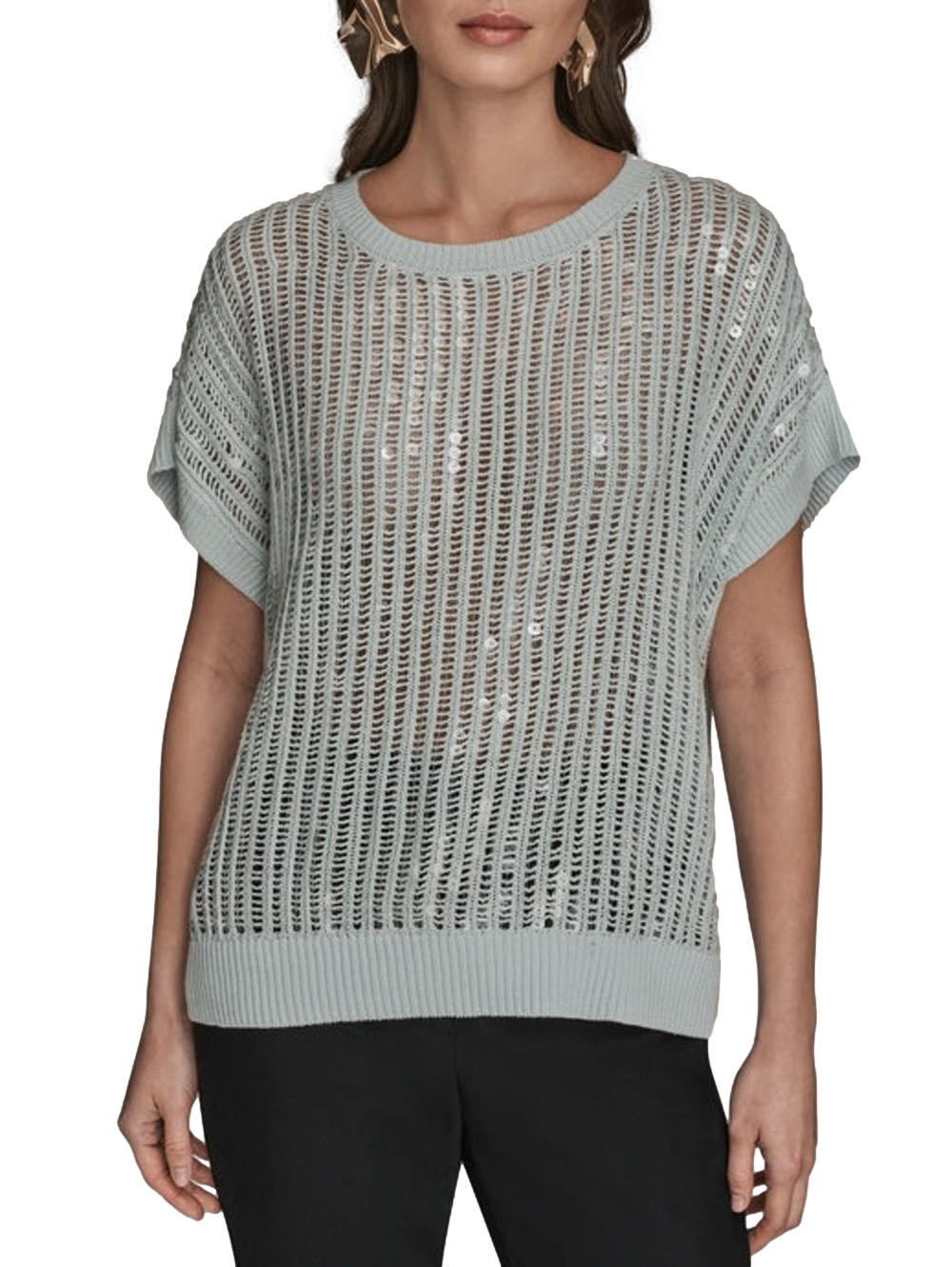 Donna Karan Airy Blue Green Knit Sequined Front Short Sleeve Top Size Large NEW!